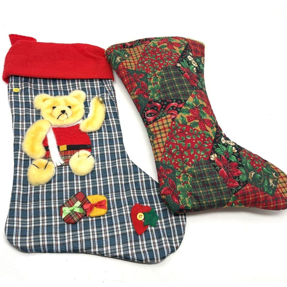 Christmas Stocking Handmade Holiday Red & Green And Teddy Bear Vintage‎